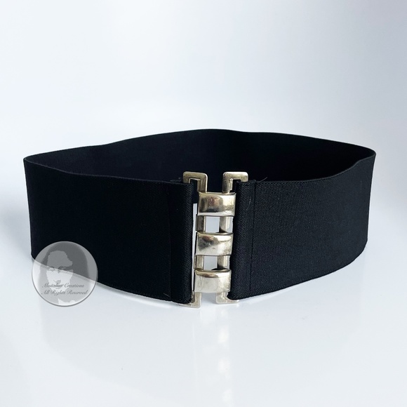 Wide Belt with Abstract Silver Metal Clasp Black Stretch Belt Strap Vintage main image 6